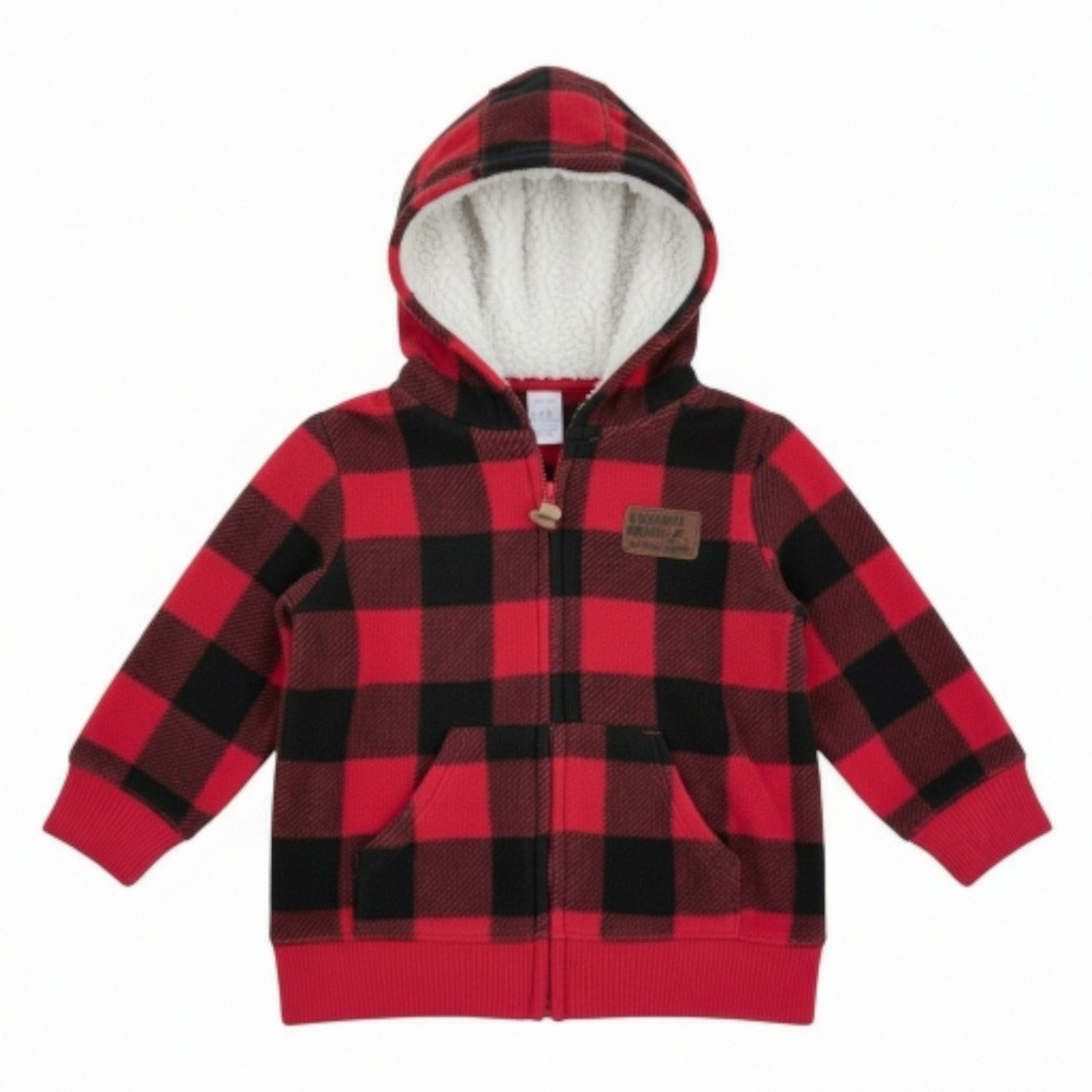 Carter's Boys Red Black Buffalo Plaid Fleece Sherpa Lined Zip Hoodie 18M